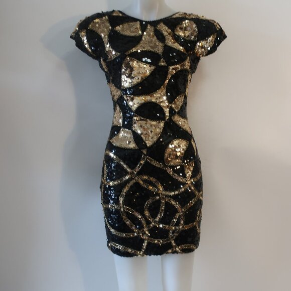 Womens Cache Black Gold Sequined V-Back Evening Part Holiday Mini Dress 2 - Picture 1 of 12